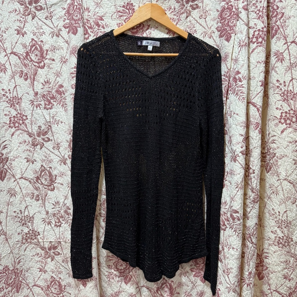 Jennifer Lopez Black Metallic Knit Sheer Long Sleeve Sweater L